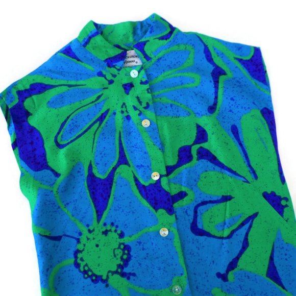 Vintage 60s Sun Fashion of Hawaii Tunic Mod Blue Mandarin Band Collar Bark Cloth - Picture 4 of 10